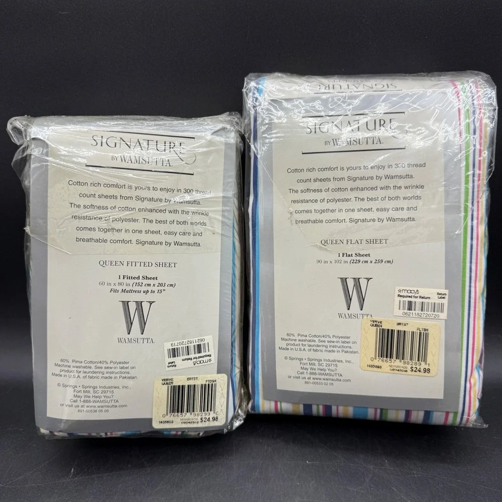 Vintage Wamsutta Sheet Set Queen Rainbow Stripe Pima Cotton Blend NOS Verve